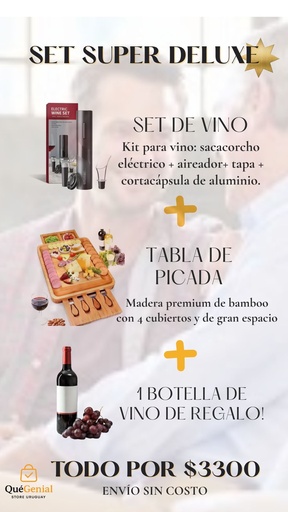 Kit Deluxe Tabla de picada + Set de Vino + 1 Botella de Vino DE REGALO!
